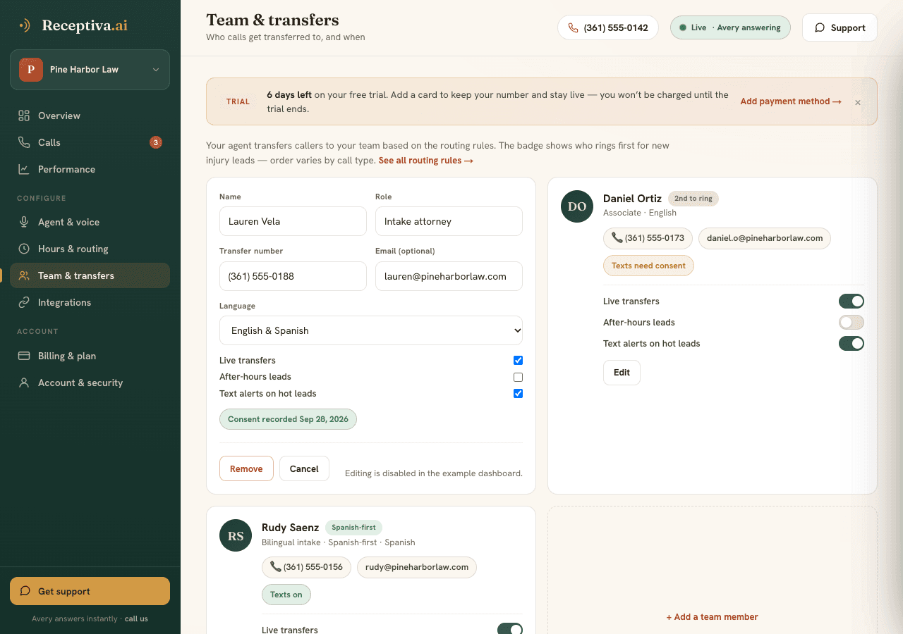 Receptiva dashboard Team page after consent: the team member shows Consent recorded with its date.
