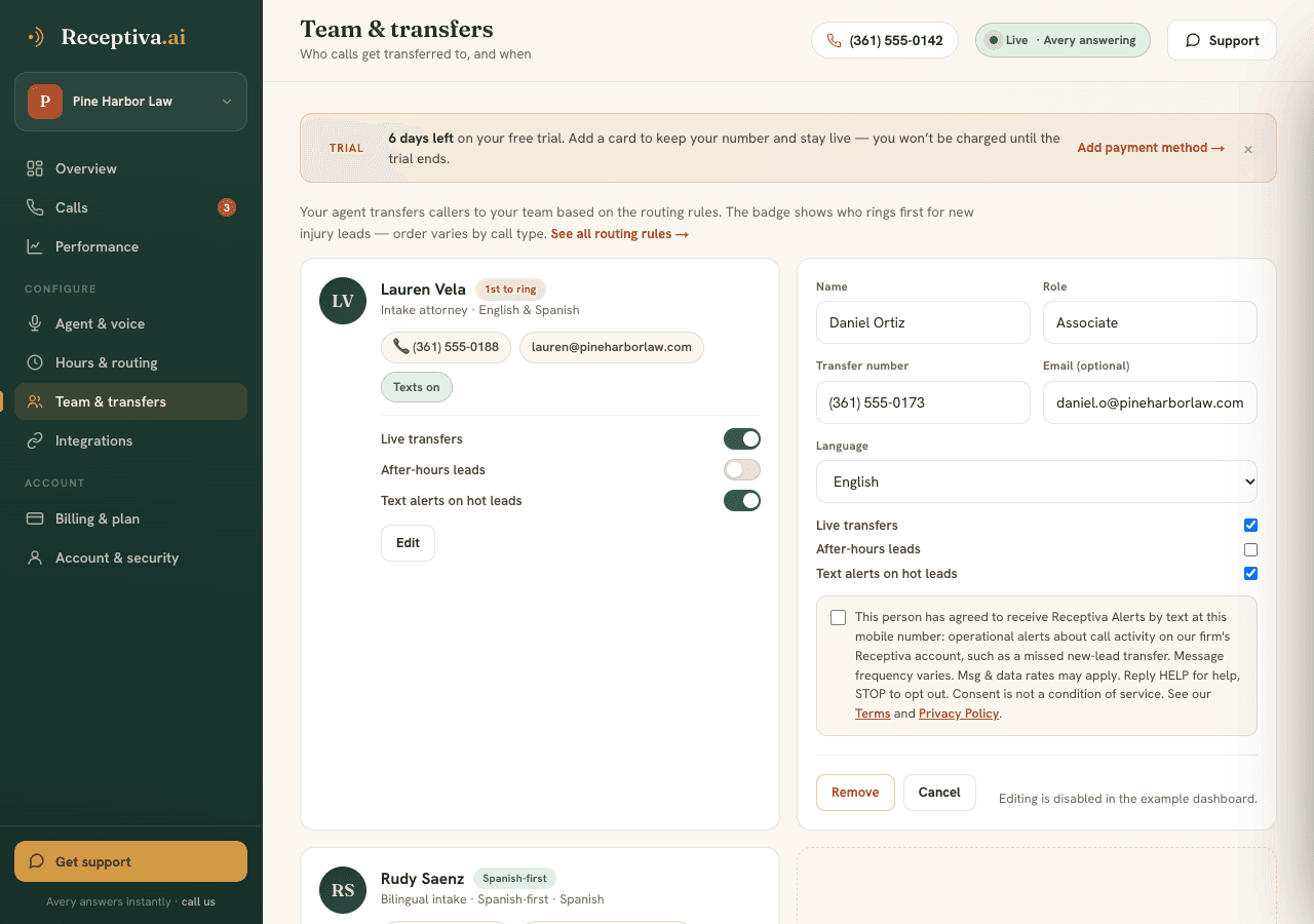 Receptiva dashboard Team page, editing a team member: the mobile number field and the unchecked consent checkbox shown when text alerts are on.