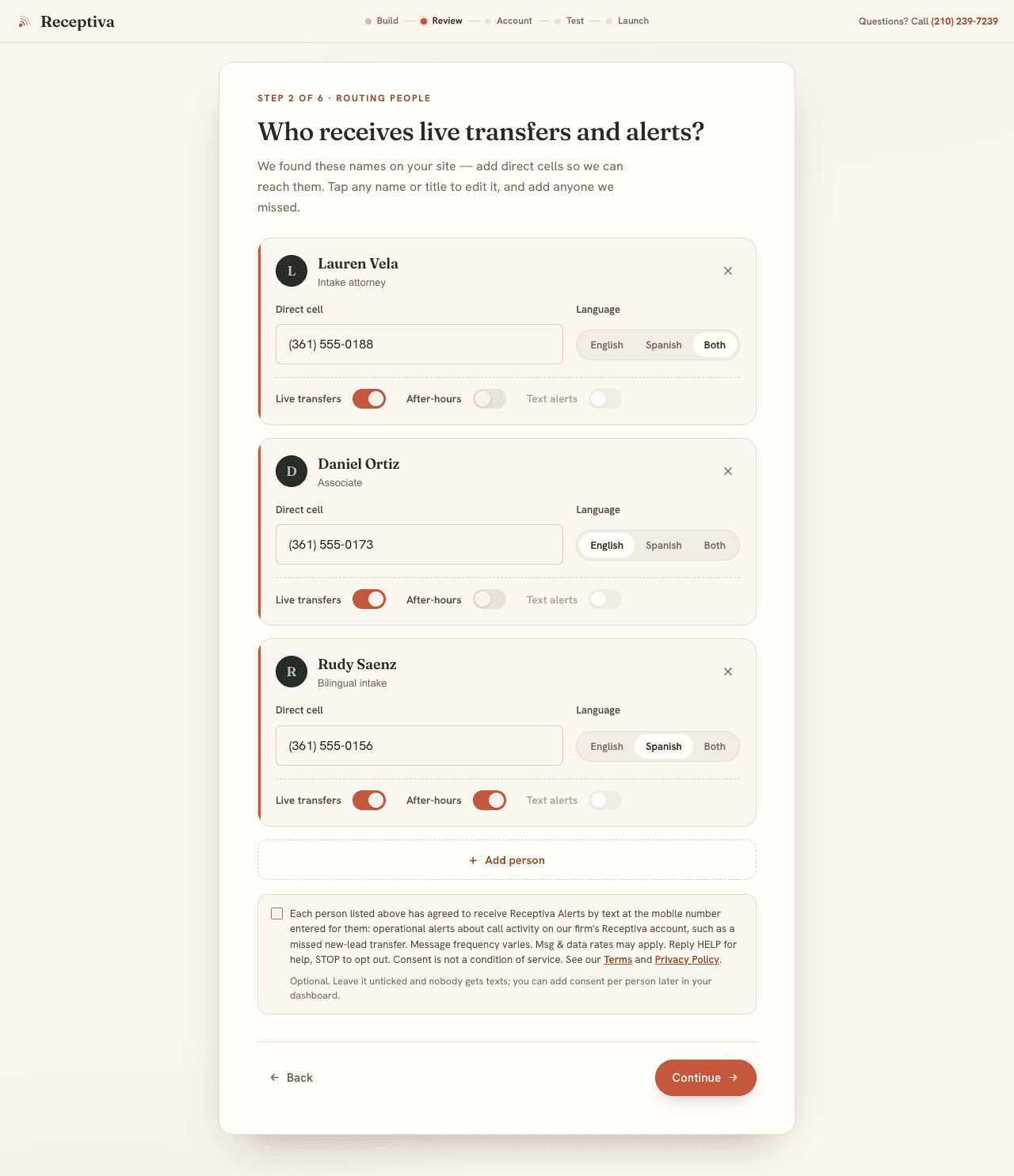 Receptiva setup wizard, Routing people step: team members with their mobile numbers and the unchecked SMS consent checkbox below them; the Text alerts switches are off until it is ticked.